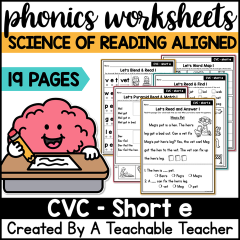 Phonics Short E CVC Words Science of Reading Worksheets: Decodables, Word Work
