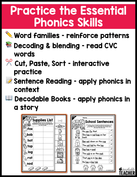 Back to School CVC Activities- NO PREP Phonics Worksheets – A Teachable ...