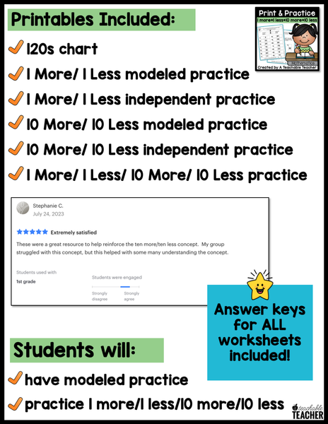 One More, One Less, Ten More, Ten Less- Print and Practice Mathematics ...