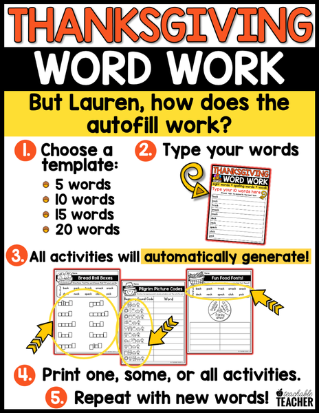Editable Thanksgiving Word Work – A Teachable Teacher