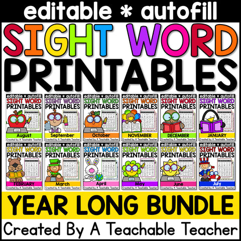 Editable Monthly Sight Word Printables BUNDLE