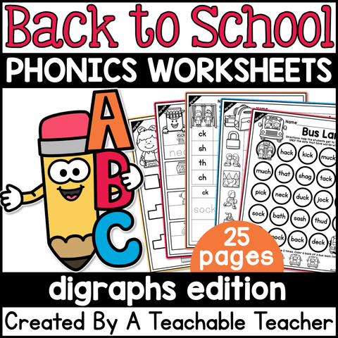 Back to School Digraphs Activities- NO PREP Phonics Worksheets