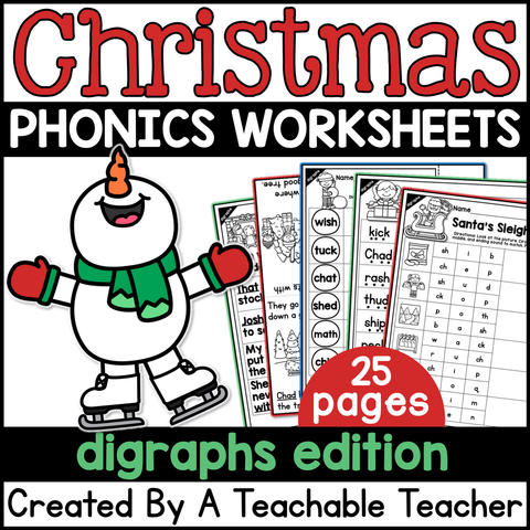 Christmas Digraphs Activities- NO PREP Phonics Worksheets