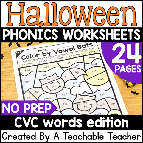 Halloween CVC Words Activities- NO PREP Phonics Worksheets