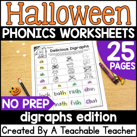 Halloween Digraphs Activities- NO PREP Phonics Worksheets
