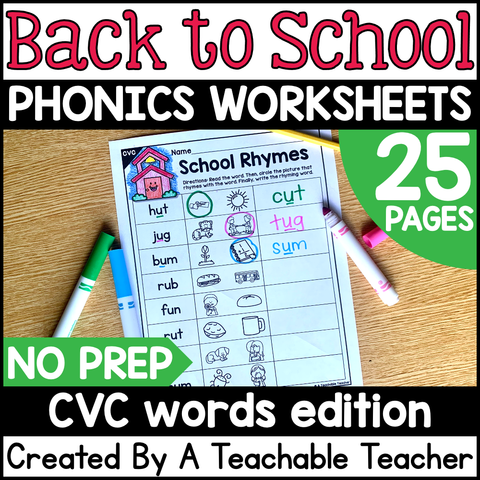 Back to School CVC Activities- NO PREP Phonics Worksheets