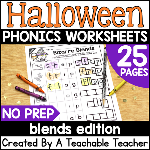 Halloween Blends Activities- NO PREP Phonics Worksheets