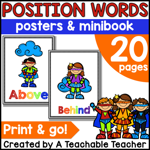 Super Position Words Posters and Minibook - Superhero Theme