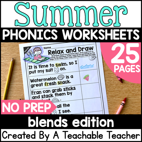 Summer Review Blends Activities- NO PREP Phonics Worksheets