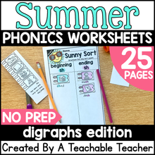 Summer Review Digraphs Activities- NO PREP Phonics Worksheets