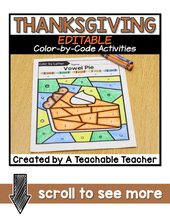 Editable Thanksgiving Color-by-Code Activities