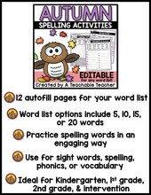 Fall Spelling Activities - EDITABLE
