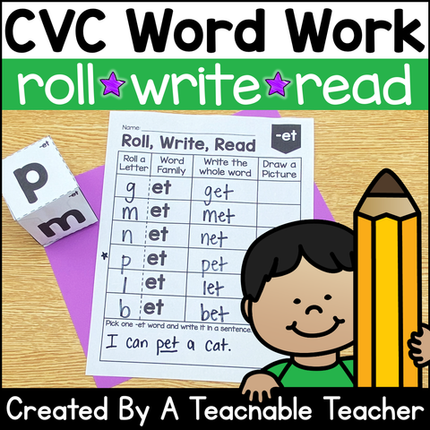 CVC Word Work - Roll, Write, Read