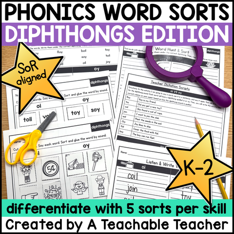 Diphthong Word Sorts | Phonics & Decodable Intervention Activities for K-2