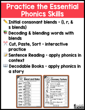 Thanksgiving Blends Activities- NO PREP Phonics Worksheets