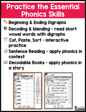 Back to School Digraphs Activities- NO PREP Phonics Worksheets