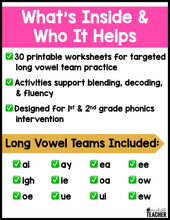 Long Vowel Team Words- Worksheets for Reading Intervention