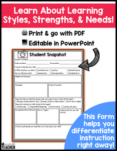 Editable Back-to-School Student Snapshot Form