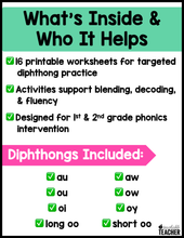 Diphthong Words- Worksheets for Reading Intervention