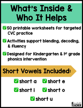 CVC Words Worksheets for CVC Reading Intervention