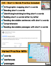 Phonics Short A CVC Words Science of Reading Worksheets: Decodables, Word Work