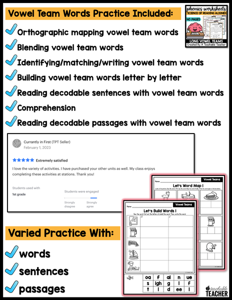 Long Vowel Team Words Phonics Worksheets - The Science of Reading – A ...