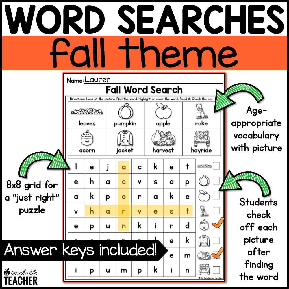 Visual Fall Word Search Fall Themed Word Searches – A Teachable Teacher