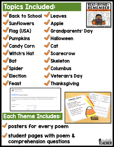 Read Rhyme Remember - Fall Reading Comprehension Poems – A Teachable ...