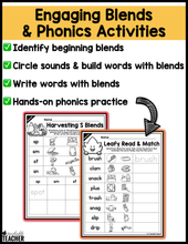 Thanksgiving Blends Activities- NO PREP Phonics Worksheets