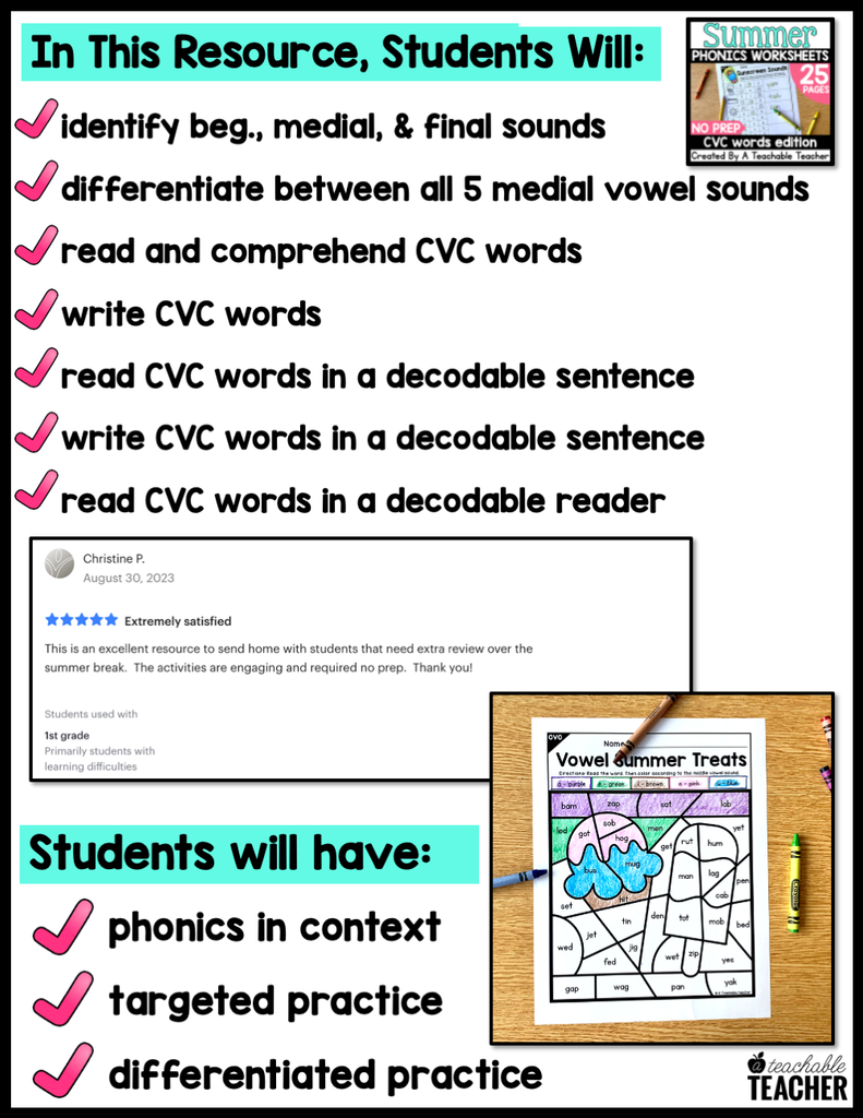 Summer Review CVC Activities- NO PREP Phonics Worksheets – A Teachable ...