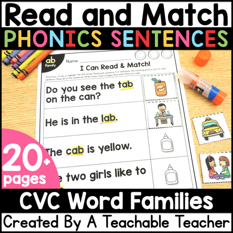 Read and Match Phonics Sentences - CVC Word Families