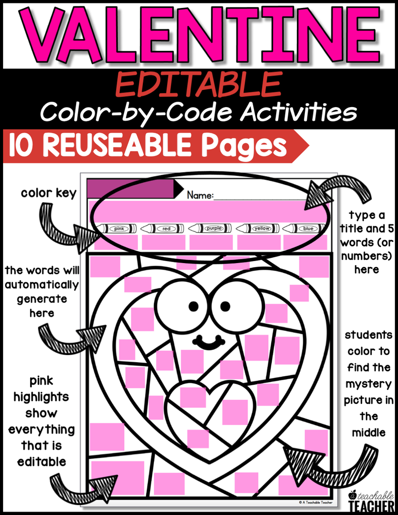 Editable Valentine's Day Color-by-Code Activities – A Teachable Teacher