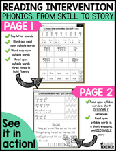 Open Syllable Words- Worksheets for Reading Intervention