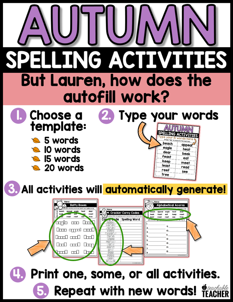 Pelling Fall Fall Spelling Activities - EDITABLE – A Teachable Teacher