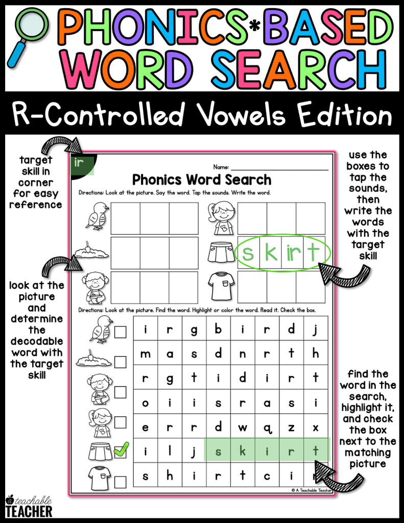 Grade R Word Search Letters R-Controlled Vowels Worksheets Phonics Word Search: Write & Find Words ...