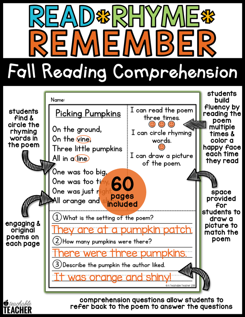 Fall Remember Read Rhyme Remember - Fall Reading Comprehension Poems – A Teachable ...