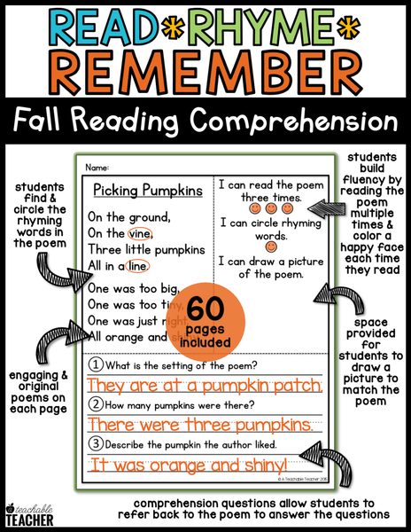 Read Rhyme Remember - Fall Reading Comprehension Poems – A Teachable ...