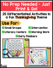Thanksgiving Blends Activities- NO PREP Phonics Worksheets