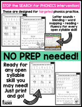 Open Syllable Words- Worksheets for Reading Intervention