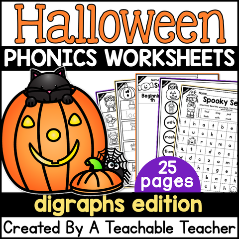 Halloween Digraphs Activities- NO PREP Phonics Worksheets