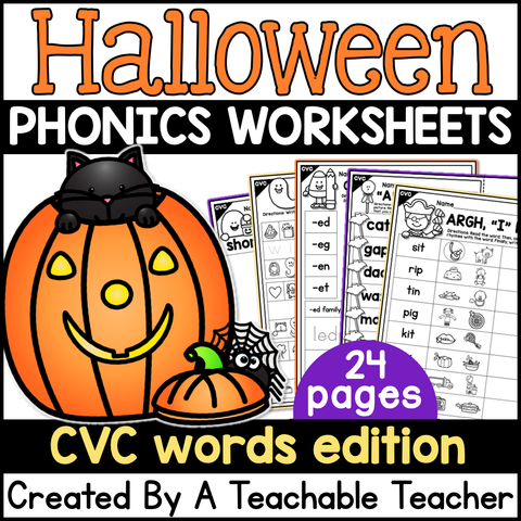 Halloween CVC Words Activities- NO PREP Phonics Worksheets