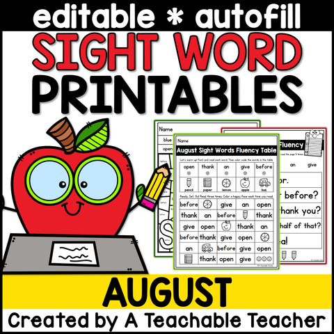 August Editable High Frequency Word Printables