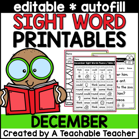 December Editable High Frequency Word Printables
