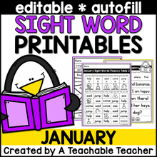 January Editable High Frequency Word Printables