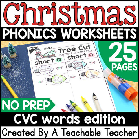 Christmas CVC Activities- NO PREP Phonics Worksheets