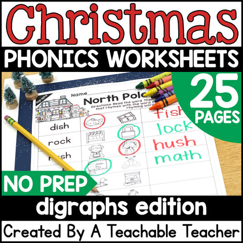Christmas Digraphs Activities- NO PREP Phonics Worksheets