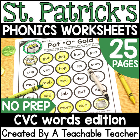 St. Patrick's Day CVC Activities- NO PREP Phonics Worksheets