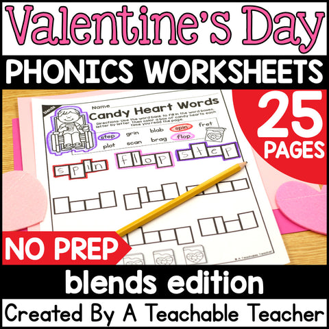 Valentine's Day Blends Activities- NO PREP Phonics Worksheets