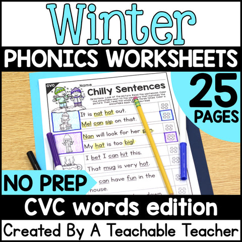 Winter CVC Activities- NO PREP Phonics Worksheets
