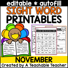 November Editable High Frequency Word Printables